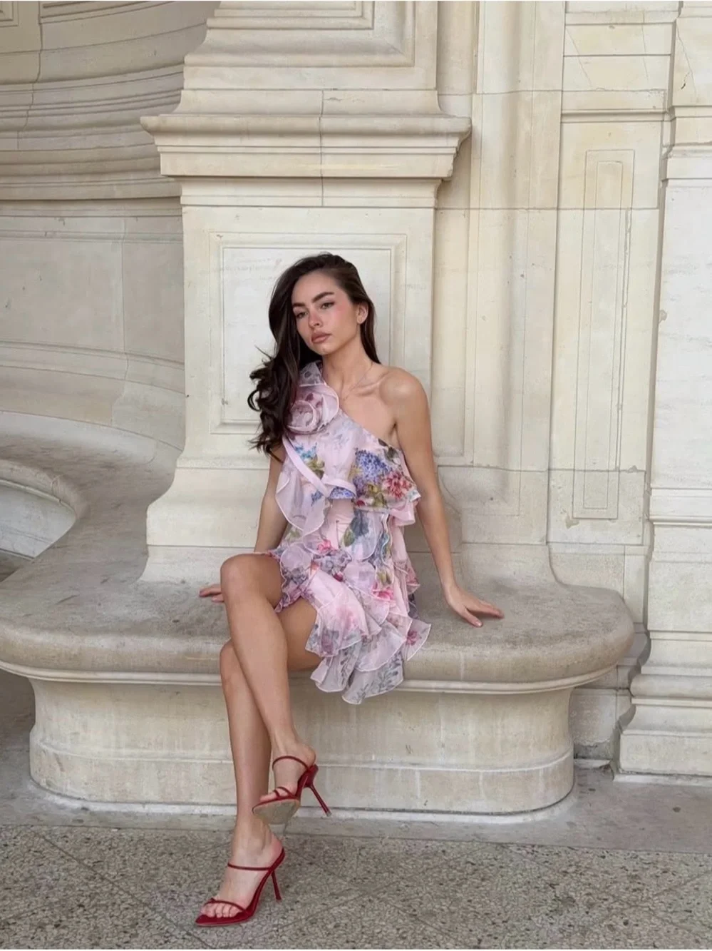 ELLIATT Millie One Shoulder Mini Dress Pink Floral Size XS preloved Flaw - Picture 1 of 10
